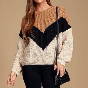 Lulu's Autumn Leaves Tan Multi Chevron Stripe Knit Sweater